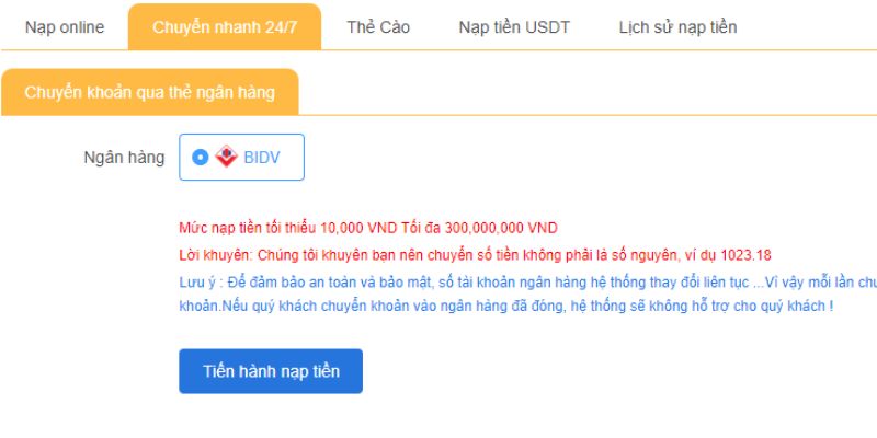 Lưu ý khi thực hiện nạp tiền 88VN 