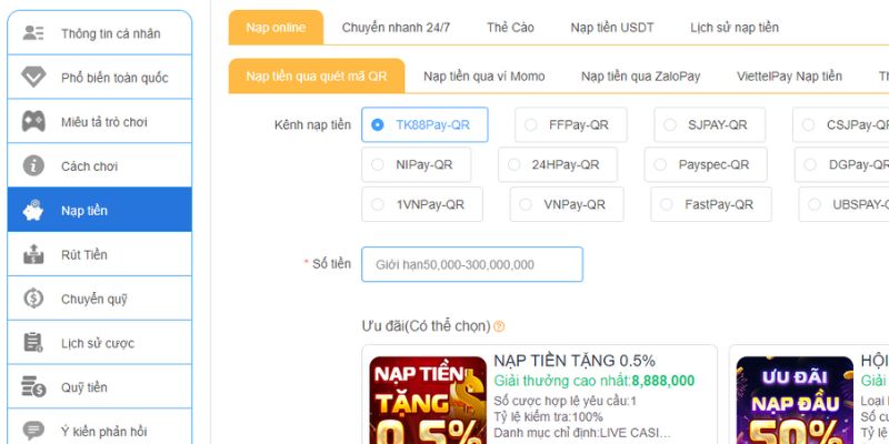 Kênh thanh toán nạp tại nhà cái uy tín 88VN